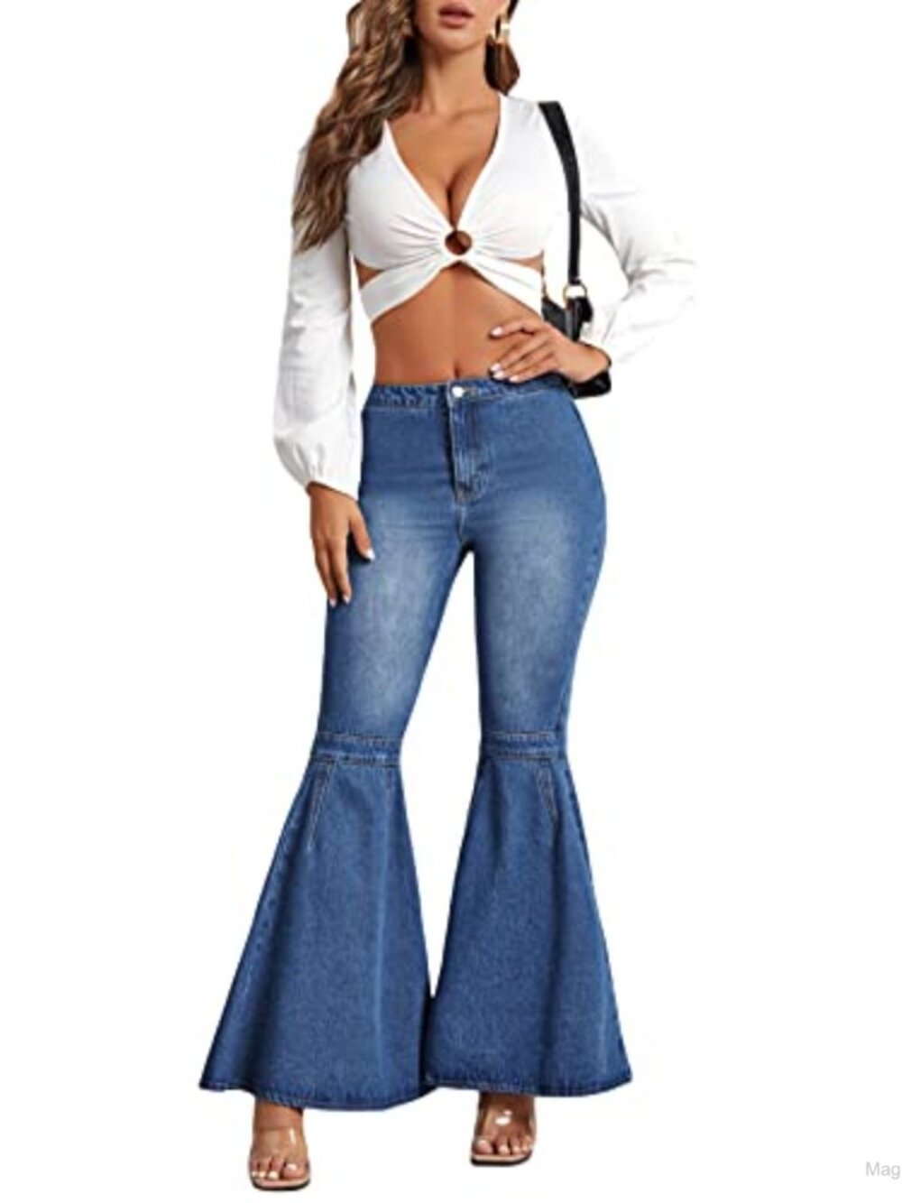 High Waisted Flare Leg Jeans Ruffle Hem Denim Pants
